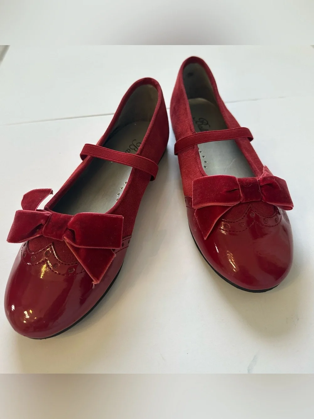 Girls Red Leather Mary Jane Dress Shoes with Velvet Bow